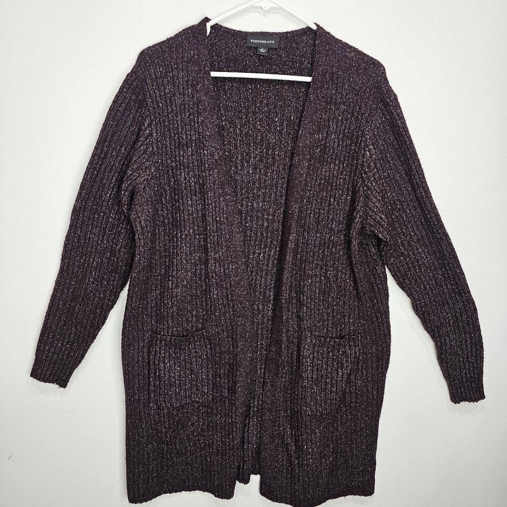 Fortune Ivy Cardigan Womens Large Heathered Purple Open Sweater Knit